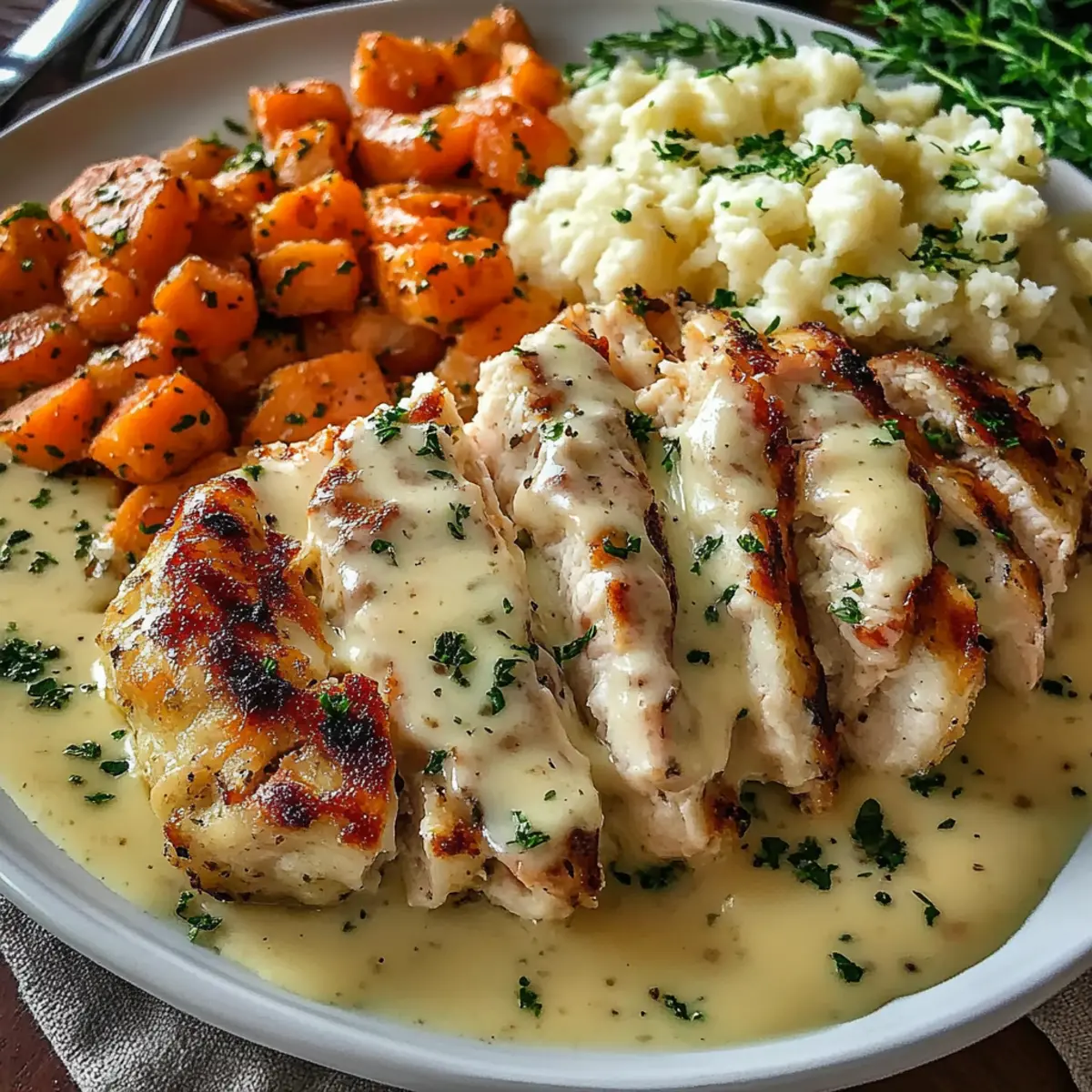 Creamy Herb Chicken with Mashed Potatoes and Glazed Carrots