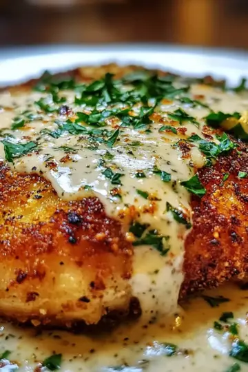 Crispy Herb-Crusted Chicken Romano with Tangy Parmesan Cream Sauce