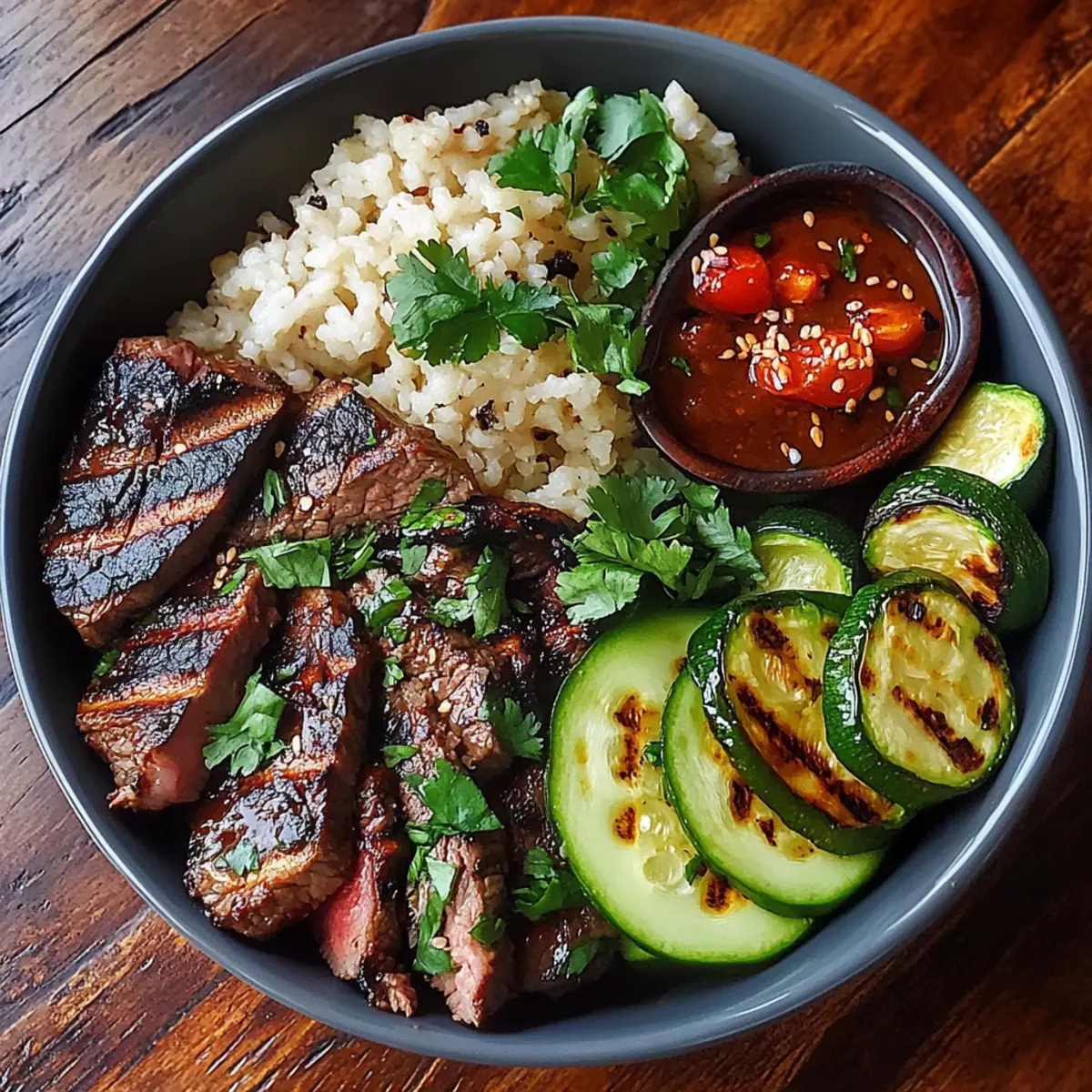 Grilled Steak Bowl with Sauce & Grilled Zucchini