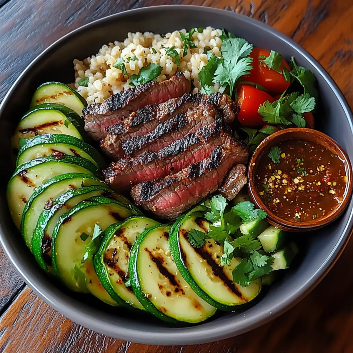 Grilled Steak Bowl with Sauce & Grilled Zucchini