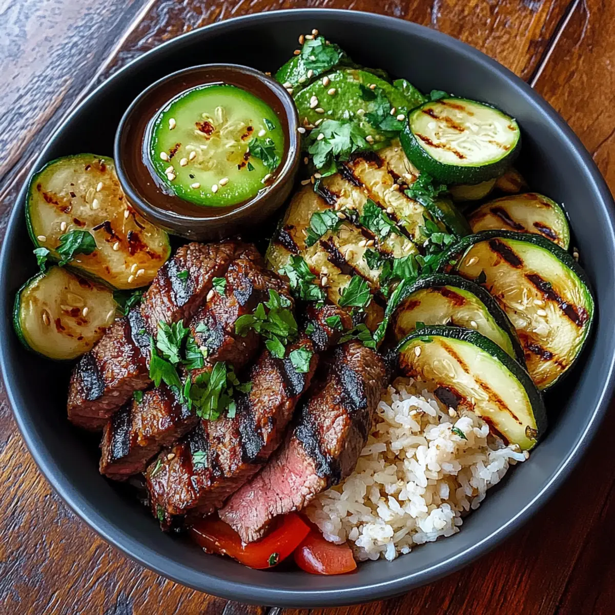 Grilled Steak Bowl with Sauce & Grilled Zucchini