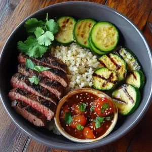 Grilled Steak Bowl with Sauce & Grilled Zucchini