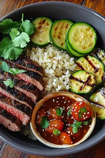 Grilled Steak Bowl with Sauce & Grilled Zucchini