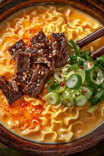 Spicy Korean Ramen with Grilled Beef and Creamy Sauce
