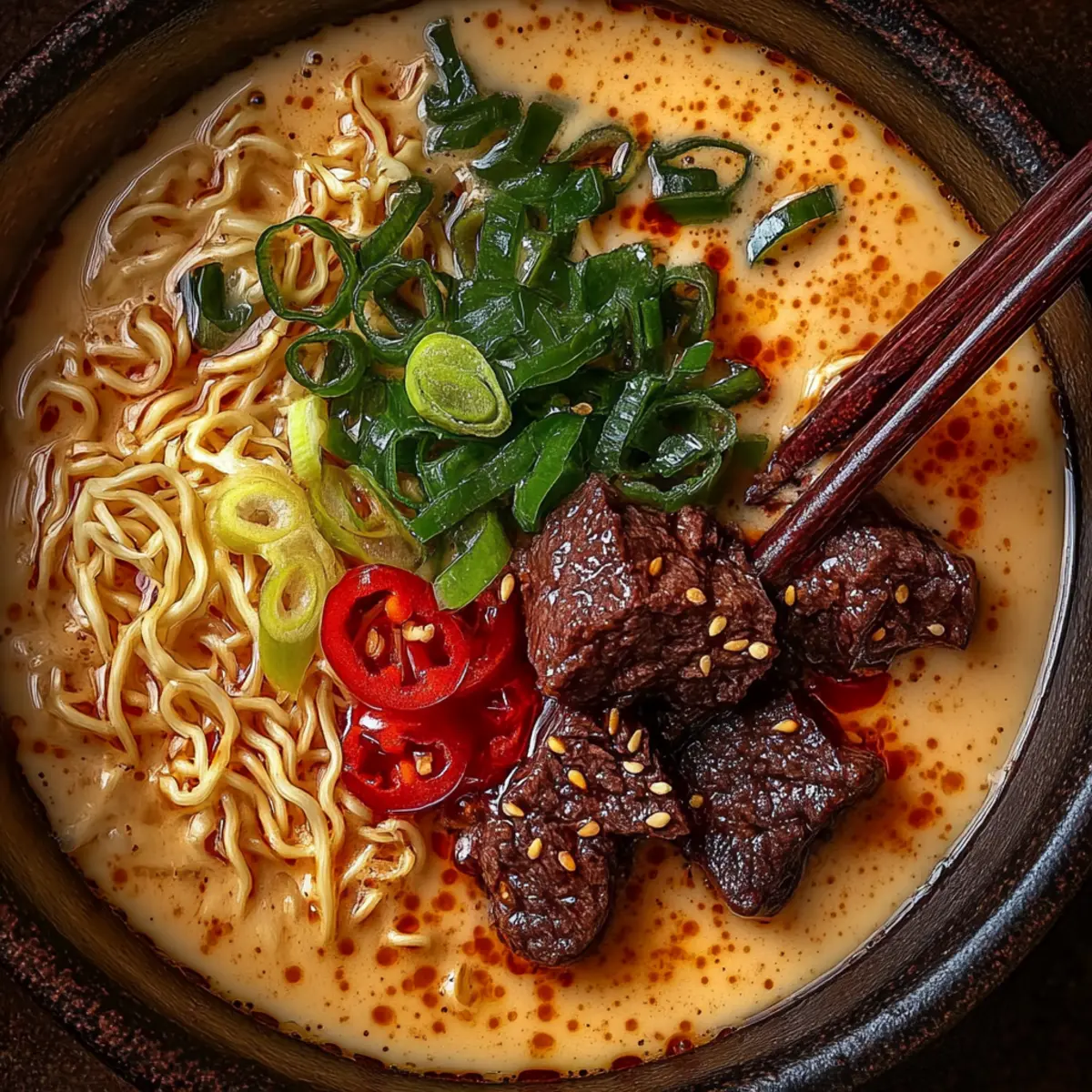 Spicy Korean Ramen with Grilled Beef and Creamy Sauce