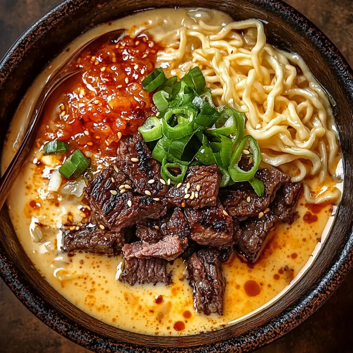 Spicy Korean Ramen with Grilled Beef and Creamy Sauce