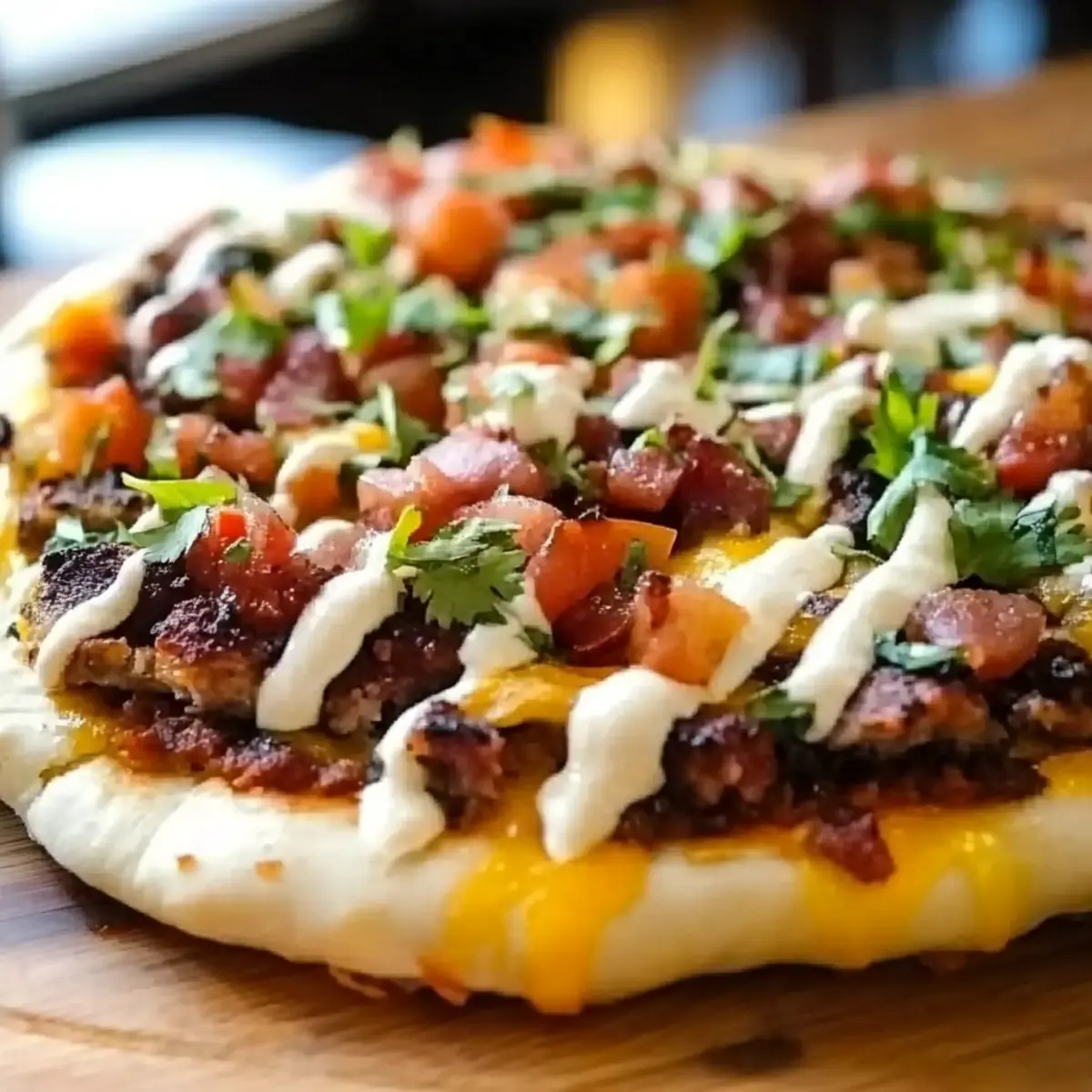 Bacon Cheeseburger Pizza with Dill Pickle Aioli